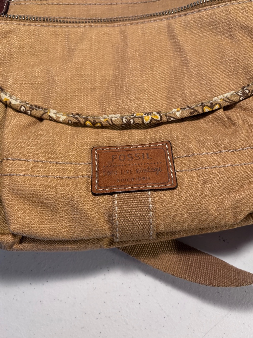Fossil Tan Shoulder Crossbody with Floral Trim